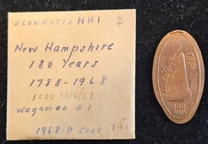 NUEVO HAMPSHIRE (180 AÑOS) Aniversario ~ Centavo alargado en un centavo D 1968 ~ EL75 - Imagen 1 de 5