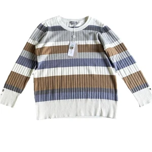 EVOLUTION BY CYRUS Rooney Ribbed Sweater 1X Button Cuff Bone Combo Stripped NWT - Picture 1 of 8