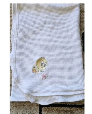Vintage Looney Tunes 1990s Baby Thermal Receiving Blanket 30" x 40" Tweety Bird - Image 1 of 3