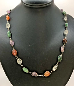 Multi Gemstone Necklace Assorted Crystals Silver Tone 28" Chain J20 P886 - Picture 1 of 12