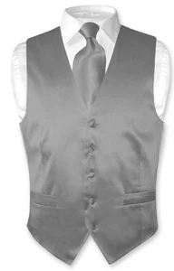 Biagio Men's SILK Dress Vest & NeckTie Solid CHARCOAL GREY Neck Tie Set 2XL - Picture 1 of 5
