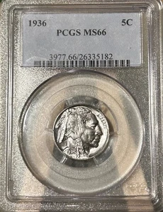 1936 Buffalo Nickel 5C PCGS MS66 5 Cent Huge Luster Light Blue Toning NICE! - Picture 1 of 2