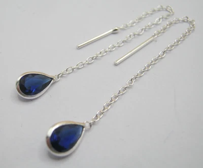 925 Solid Silver Tear Drop Shape Threader Earrings Decorated With Simulated CZ - Image 1 of 4