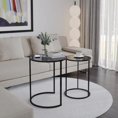 2pc Round Nesting Coffee Table Set Black Glass Top Steel Base Modern Side End - Image 1 of 4