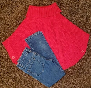 2 PC Set Size 6 - 6X Girls Clothes- Jeans and Poncho Sweater. Red Turtle Neck - Picture 1 of 7