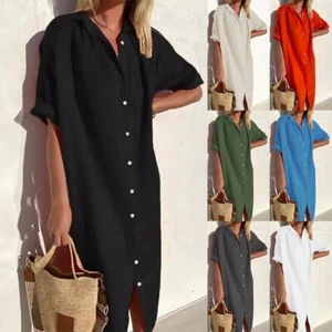 Womens Linen Cotton Casual Loose Short Sleeve Summer Button Up Long Blouse Dress - Picture 1 of 10