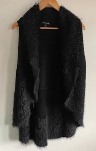 Caroline Morgan Long Vest Size 10 Black Knit Faux Fur Trim Open Front - Picture 1 of 7