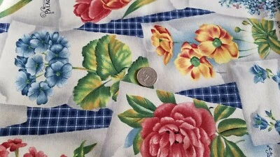 DECORATOR FABRIC TULIPS, HYDRANGEA, IRIS & DAISIES ON BLUE CHECK  56X 1 1/2 YD - Image 1 of 3