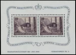 1946, LIECHTENSTEIN, POST COACH, 4TH PHILATELIC EXHIBITION, S. SHEET NH, SC.#B18 - Picture 1 of 1