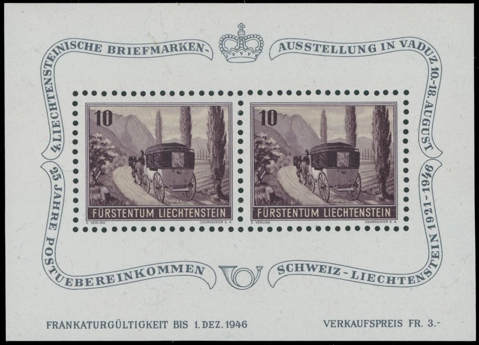 1946, LIECHTENSTEIN, POST COACH, 4TH PHILATELIC EXHIBITION, S. SHEET NH, SC.#B18 - Image 1 of 1