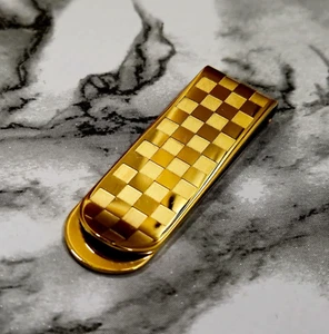 24Ct Gold Plated Polished Checker Money Clip Cash Note Card Holder Gift Bag 24k - Picture 1 of 2