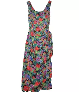 Maggy London Silk Dress 10 Black Floral Wrap Sleeveless Tie Waist Hawaii Cruise - Picture 1 of 8