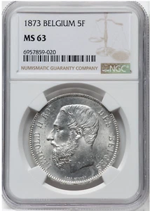 1873 Belgium Silver 5 Francs NGC MS63 Choice UNC! - Picture 1 of 2