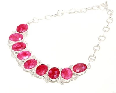 Ruby Lab Created Gemstone 925 Sterling Silver Handmade Statement Necklace 18" - Image 1 of 4