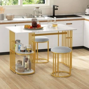 Marble golden Wooden Dining Table And STOOLS Set 4 Seater Kitchen itzcominghome - Picture 1 of 6