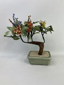Vintage Floral Bonsai Tree Jade Stone Glass Asian Flowers Japan Pot - Picture 1 of 9