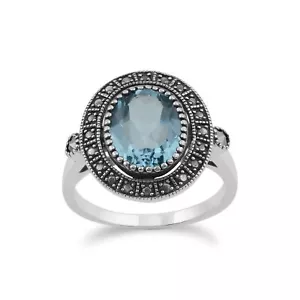 Art Déco Estilo Topacio Azul Y Marcasita Tendencia Anillo de Cóctel En Plata Ley - Imagen 1 de 4