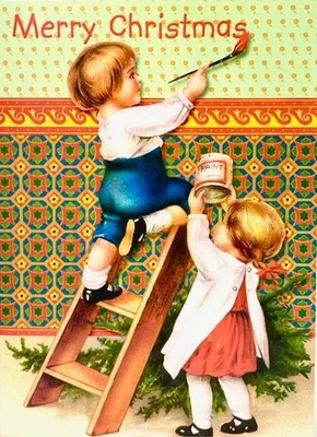 "Merry Christmas & Happy New Year" VINTAGE STYLE CARD Kids Painting PUNCH STUDIO - Image 1 of 2