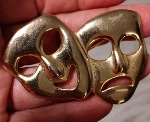 Comedy Mask Brooch Gold Tone Phantom of the Opera Mask Vtg 2.5" Long - Picture 1 of 4