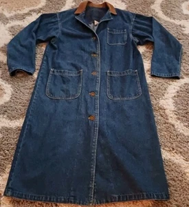 Vintage 1980's Lee Jeans Blue Denim Duster Coat Sz M ~ Corduroy Collar ~ USA - Picture 1 of 6