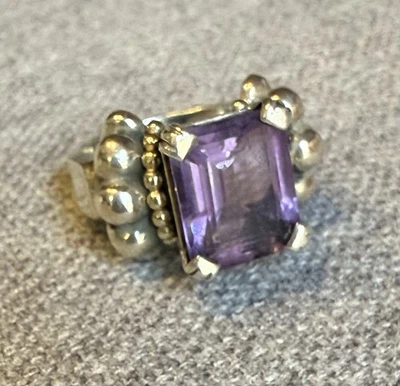 ЛАГОССКАЯ ИКРА СЕРЕБРО 925 ПРОБЫ И 750/18K ЖЕЛТОЕ ЗОЛОТО АМЕТИСТ КОЛЬЦО РАЗМЕР 7 - Изображение 1 из 4