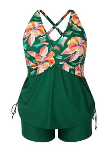 Womens Plus Size TankiniTwo Piece Tummy Control Bathing Suits Criss Cross Swi... - Picture 1 of 5