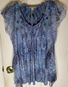 Energe World Wear Women’s M Blue Paisley Lace Flutter Sleeve Top Blouse - Picture 1 of 11