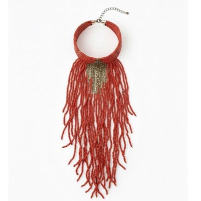Collar Gargantilla De Colección Boho Rojo Cuentas Distintivo con Flecos Tono Dorado Tribal Foto 1 de 4