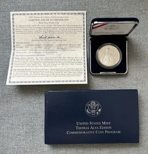 US Mint 2004 SILVER Thomas Edison Commemorative Proof Dollar Coin w/Box & COA - Picture 1 of 7