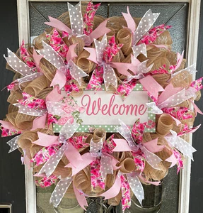 Super Pretty Cottage Floral Deco Mesh Front Door Wreath Summer Spring Decor - Picture 1 of 6