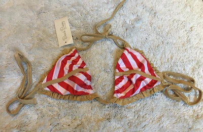NWT!!! BEACH BUNNY SWIMWEAR Red Striped WE FOUND LOVE TRI TOP Ruffle Bikini Top - Image 1 of 4