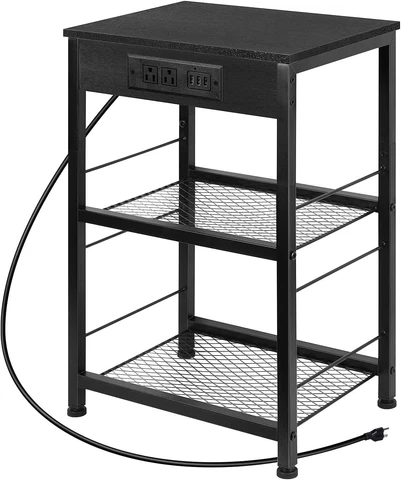 3-Tier Industrial Nightstand End Side Table w/ USB Ports&Outlets&Storage Shelves Cover