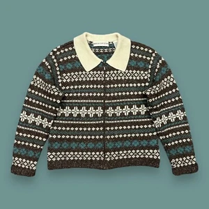 Vtg Cardigan Sweater Fair Isle Full Zip Collared 80s 90s Wool Blend Womens - Picture 1 of 8
