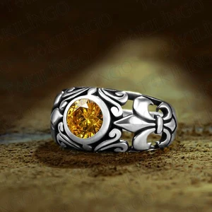 Solid 925 Sterling Silver Yellow Citrine Stone Wedding Band Men's Ring Signet - Picture 1 of 4