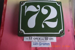 Hausnummer Nr.72 weiße Zahl auf gras - grünem Hintergrund 12 cm x 10 cm Emaille  - Picture 1 of 12