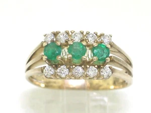 Smaragd Ring 585 Gelbgold 14Kt Gold 3 Smaragde 10 Brillanten 0,36ct Wesselton - Bild 1 von 5