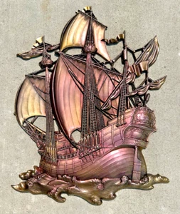 Vintage 1963 Syroco Large Wall Hanging Plaque Decor - Metallic Sailing Ship - Picture 1 of 6