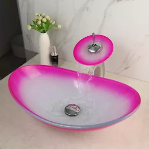 NEW Bathroom Pink Tempered Glass+Brass Faucet Hand Paint Basin Sink Mixers Combo - Bild 1 von 8