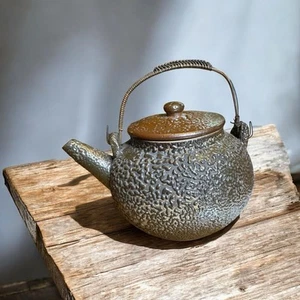 Japanese Wormy Ware Water Drop Teapot Bamboo Handle Antique Jakatsu Glaze - Picture 1 of 12