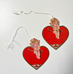Vtg Art Deco Cupid Valentine Heart Bridge TALLY CARDs w/ Tassel Set of 2 Unused - Picture 1 of 16