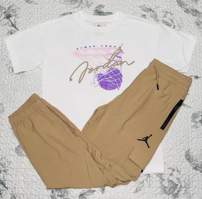 Girls Jordan White T-Shirt & Tan Light Cargo Pants Set Sz/ Large (14-16) - Image 1 of 4
