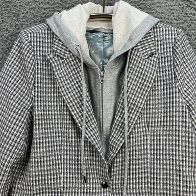 Elan Tweed Removable Hoodie Blazer Womens Medium Blue Black Layered Casual Work - Image 1 of 4