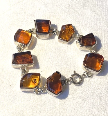 stunning real AMBER bracelet 7.5" long large natural stones unmarked silver - Image 1 of 4
