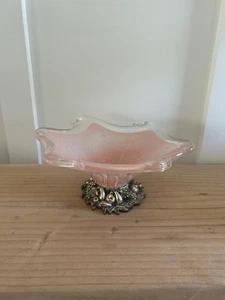 Art Glass Centerpiece Bowl Marbled Pink White Cased Silver Pedestal Bowl Fruit - Picture 1 of 8