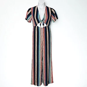 Lush Colorful Wide Leg Jumpsuit Size Small Striped Deep V Neck Edgy Tie Front - Picture 1 of 10