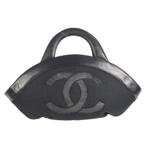 Chanel Camellia Hand Tote Bag Black Canvas Mesh 7942121 99475