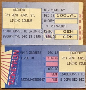 LIVING COLOUR RARE VINTAGE 1990 2 TICKET STUB SET 12/12-13/1990 THE ACADEMY NYC - Picture 1 of 2