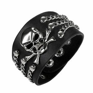 Black Punk Men Women Skull Chain Wide Leather Bracelet Cuff Wristband Bangle - Picture 1 of 5