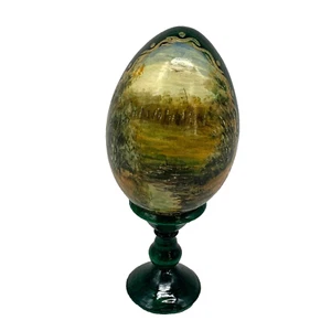 Russian? Hand Painted Wood Egg w/Stand Fall Landscape Signed - Picture 1 of 8