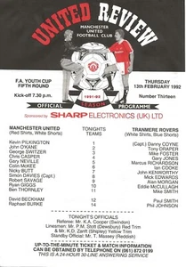MANCHESTER UNITED V TRANMERE FA YOUTH CUP 1992 ~ BECKHAM GIGGS Y NEVILLE LISTADOS - Imagen 1 de 1